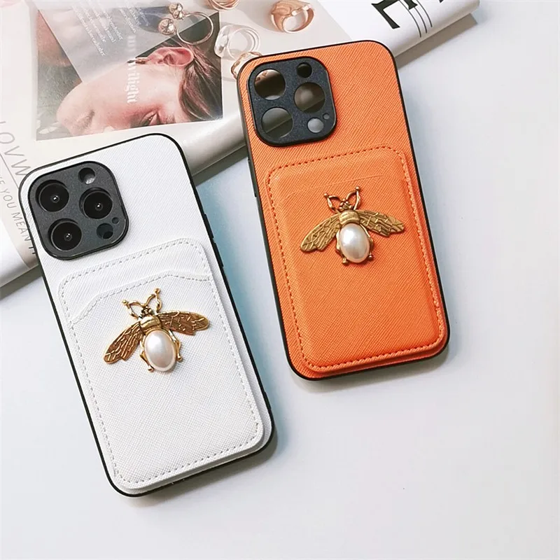 

Luxury Cross Pattern Card Package Pearl Bee GIRL Phone Cover Case For Iphone 15 14 13 12 X 11 Pro Max Pu Leather Coque Fundas