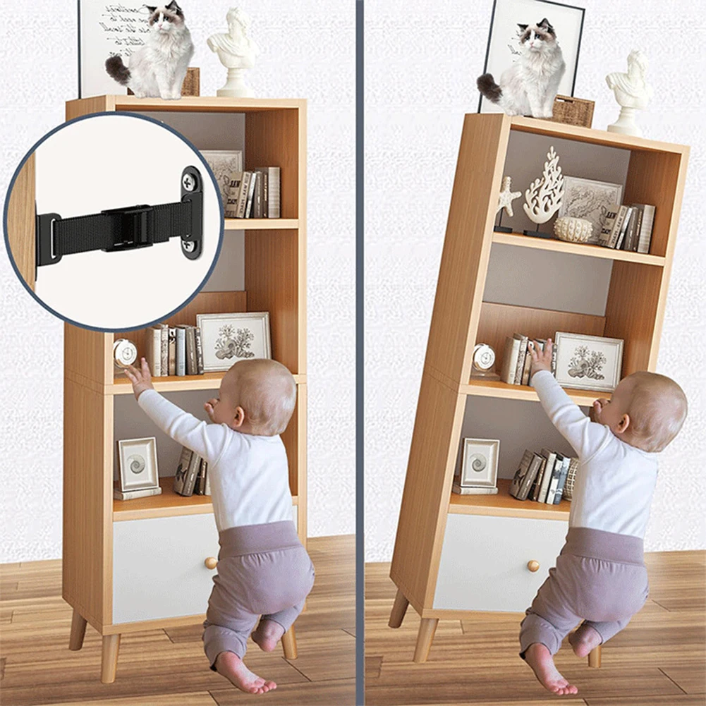 Adjustable Anti Tip Furniture Anchors with Steel and Nylon Webbing for Secure Wall Fixing of Heavy Cabinets Bookcases Dressers