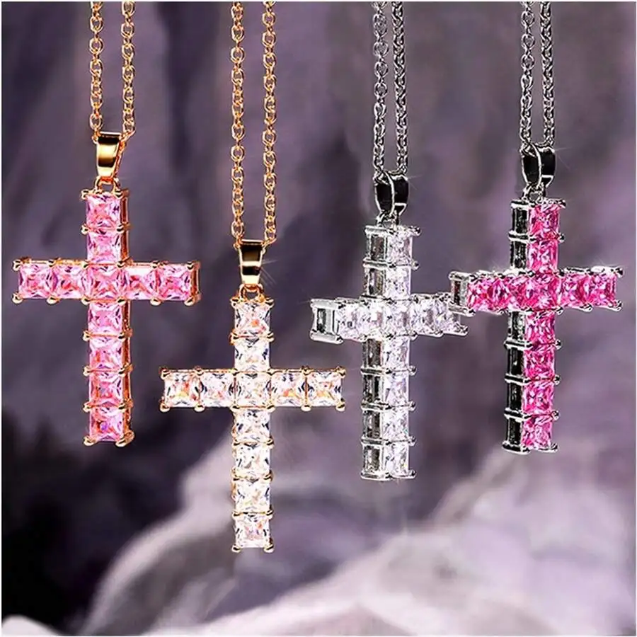 Collar de moda para mujer con dije de cruz de Jesús, dorado, cristales multicolor, para fiesta y tiempo libre