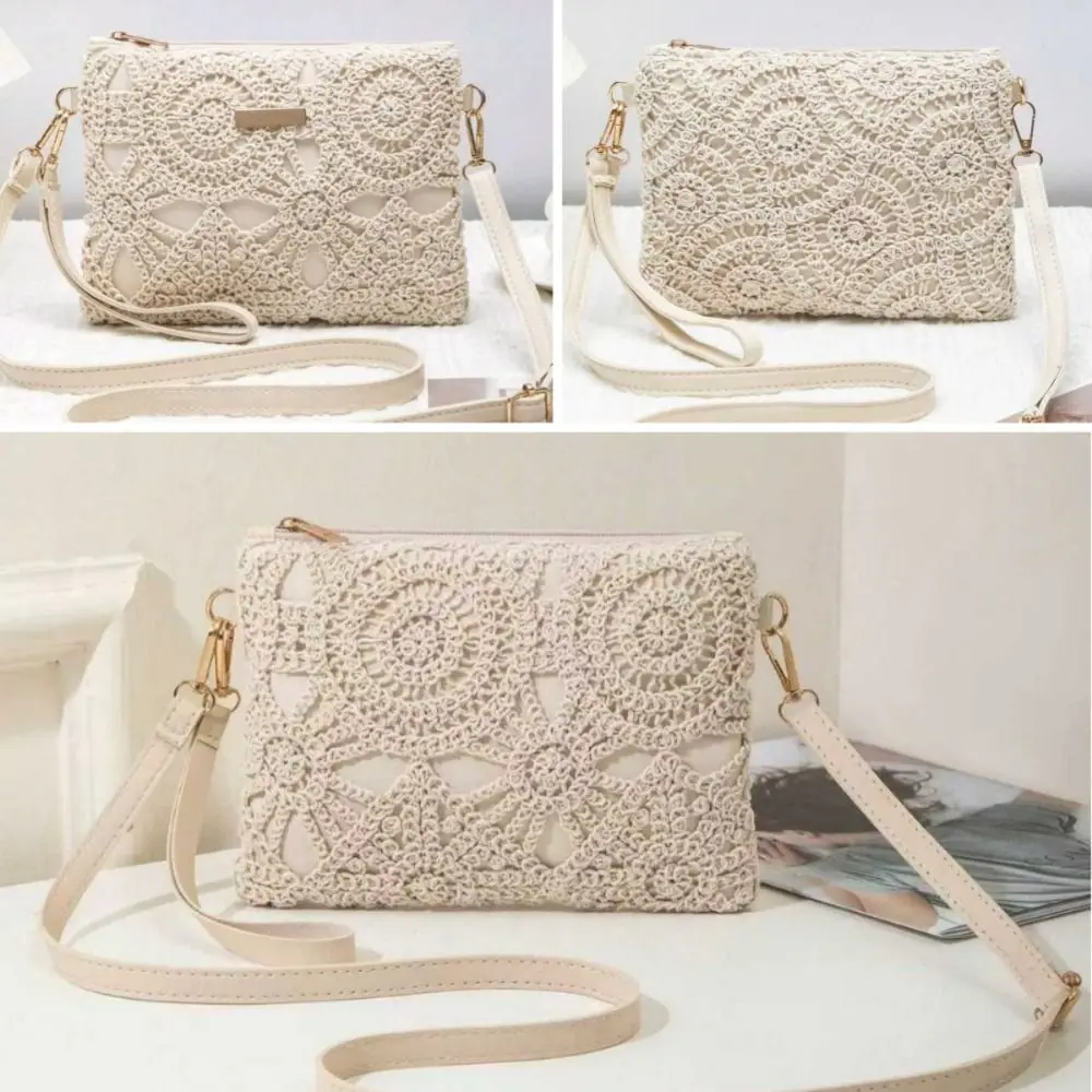 New Bohemian Style Hollow Woven Bag Zipper Clousure PU Leather Boho Beach Bag Rectangular Shoulder Bag Vacation Outfits