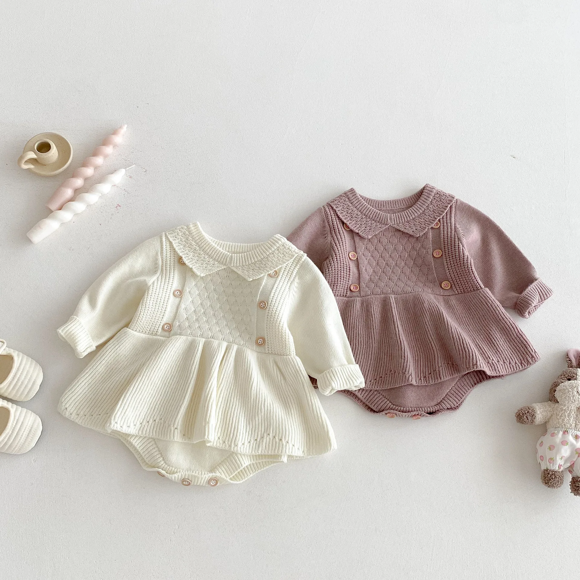 0-3Y Baby Girls Clothes Peter Pan Collar Knit Bodysuits Ruffle Infant Girls Knitwear Toddler Sweater One Piece