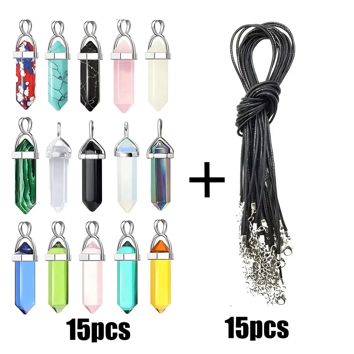 40PCS/30PCS Hexagonal Chakra Synthetic Crystal Pendant , Pointed Quartz Stone With Leather Necklace Chain Storage Bag