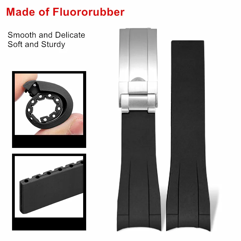 20mm 21mm Fluororubber Strap for Rolex GMT Daytona Submariner Yacht-Master Waterproof Sports Curved End Replacement Watch Band