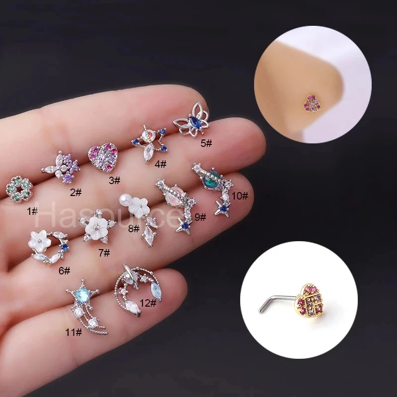 1PC L Geformt 316L Chirurgische Edelstahl Nase Studs Nasenringe Mode Multicolor Zirkon Nase Stud Schraube Nase Piercing schmuck