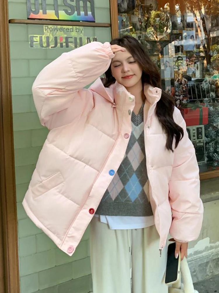 سترات شتوية نسائية أنيقة وردية فضفاضة بأكمام طويلة وأزرار ملونة معطف منتفخ حلو على الموضة الكورية سترة سميكة ودافئة على طراز بريبي #2