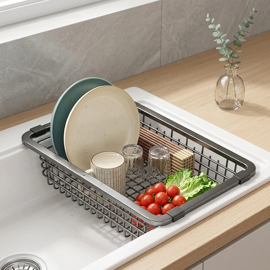 

304 Stainless Steel Dish Drainer for Kitchen Sink Adjustable Holder with Anti Slip Feet