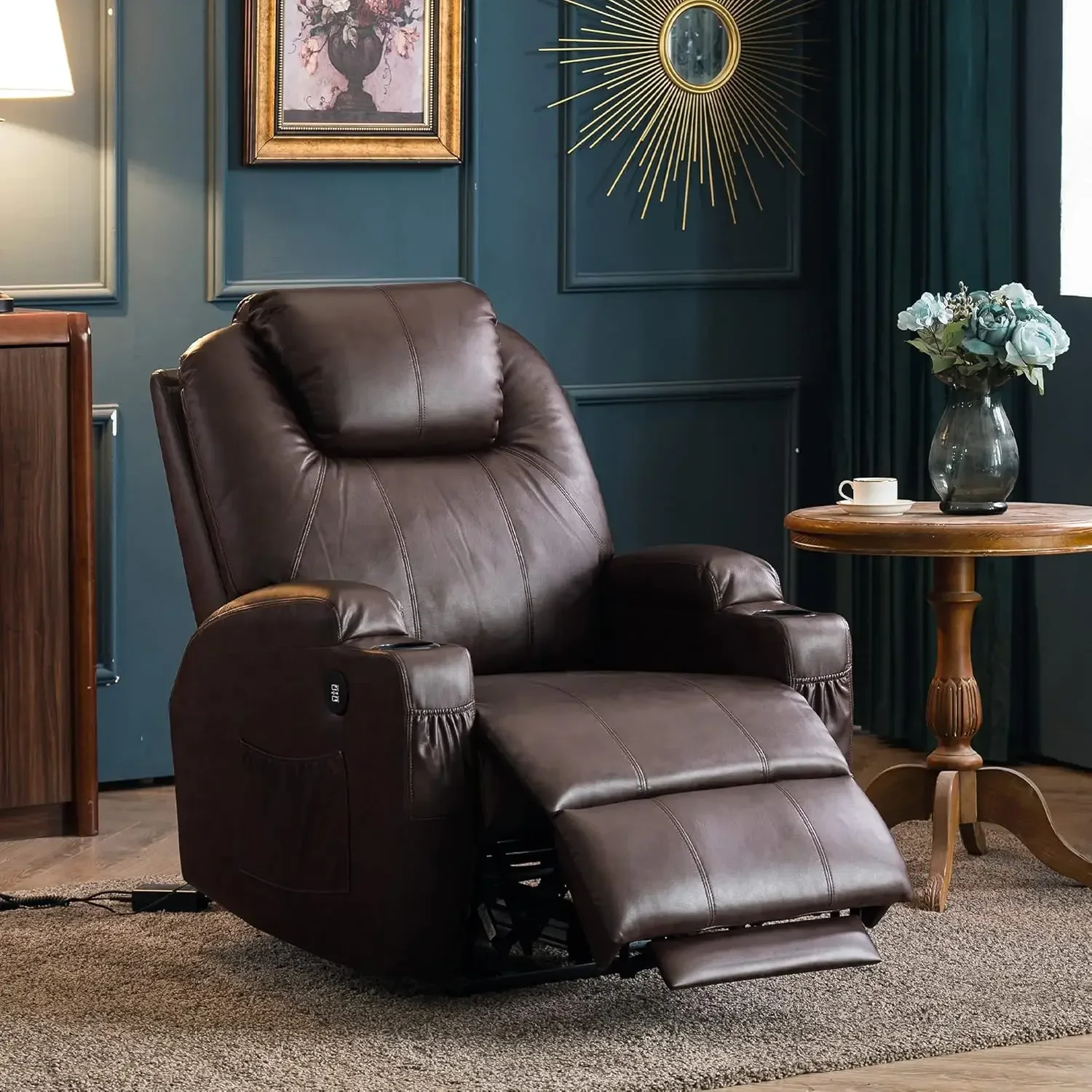 Electric Power Recliner Chair with Heat and Vibration, Footrest Extended, USB Charge Ports, 2 Side Pockets and Cup Holders