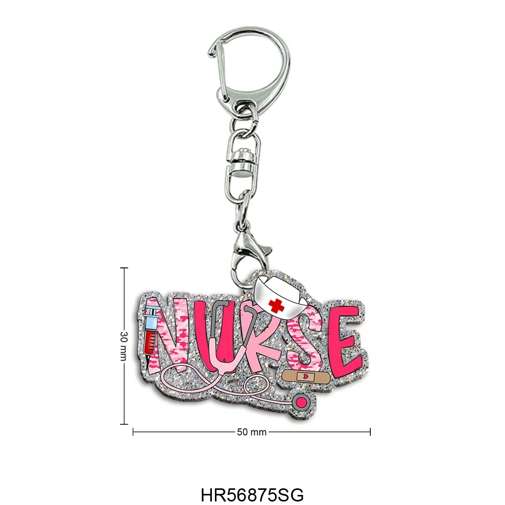 

Silver Chunky Glitter Acrylic Keychain Cartoon Nurse Day Pendant Photo Flash Charms Printing Personality Doctor Key Chains