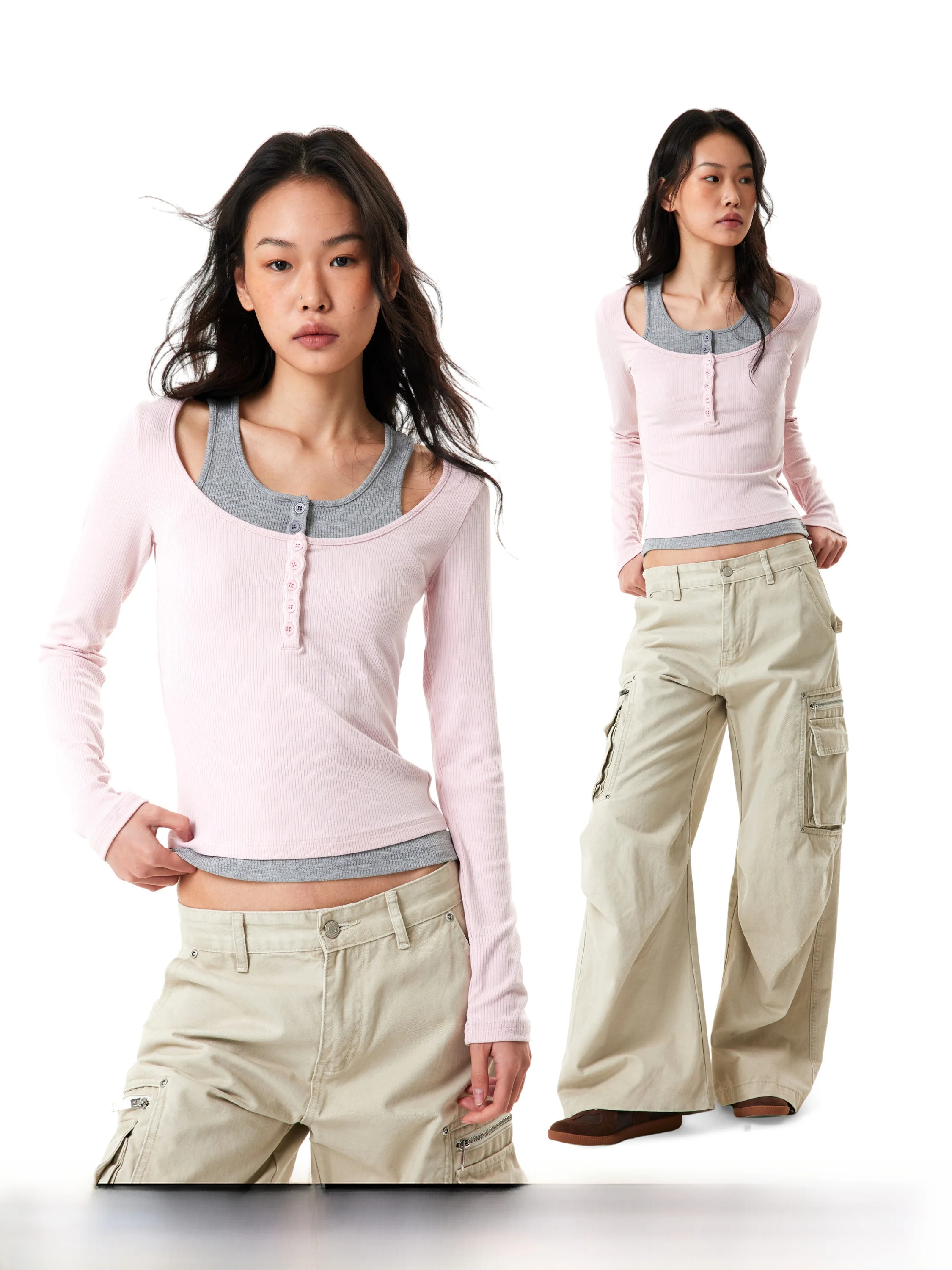 

Женская розовая футболка Slim Fit с длинным рукавом и цветными вставками, в американском стиле, весна 2026, GO GO BURN, повседневная, укороченная