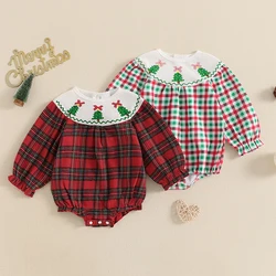 0-18M Baby Girl Christmas Romper Plaid Print Patchwork Ruffled Long Sleeve Tree Bow Crew Neck Bubble Jumpsuit for Fall