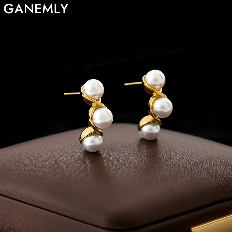 

GANEMLY 316L Stainless Steel Creative Peanut Pearls Earrings For Women Girl Fashion Ear Dangle Waterproof Jewelry Gift Bijoux