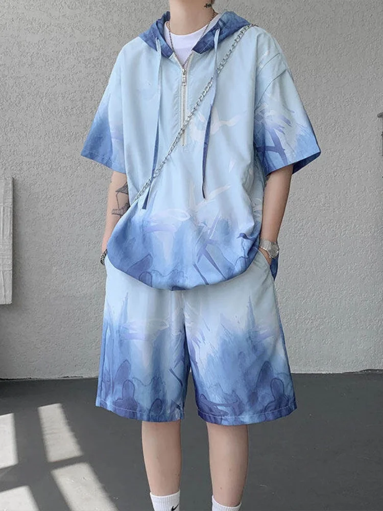 

Мужской летний комплект из футболки и худи из охлаждающего шелка с принтом, тонкий, свободного кроя, для спорта и отдыха, молодежный, с эффектом прохлады