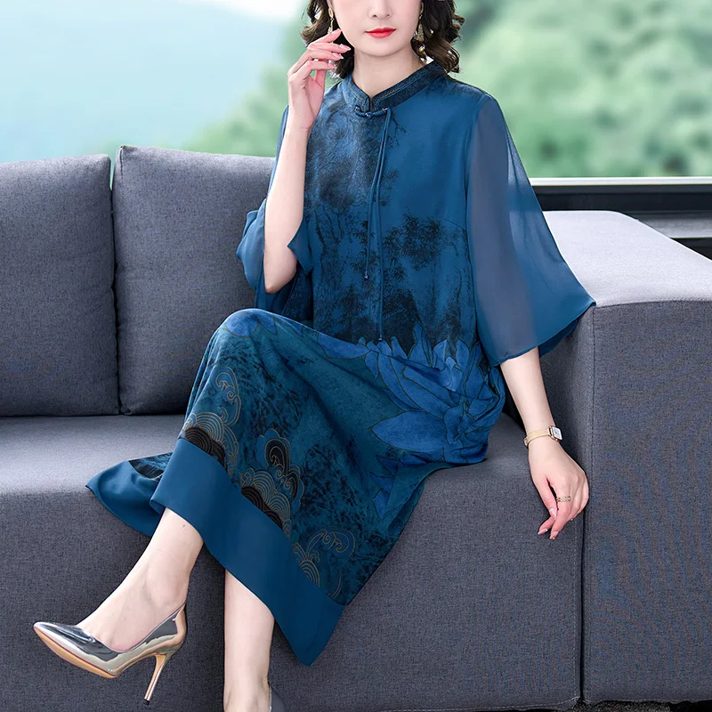 2023 Summer New Silk Short Sleeve Dress Retro Pankou Flower Print Large Women\'s Dress Satin Mesh Splice Slim Robe