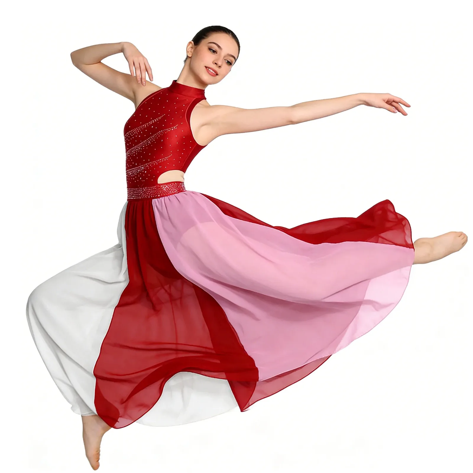

Womens Figure Skating Lyrical Dance Bodysuit Dress Rhinestone Mesh Slit Hem Leotard Dress Modern Contemporary Dance Costume