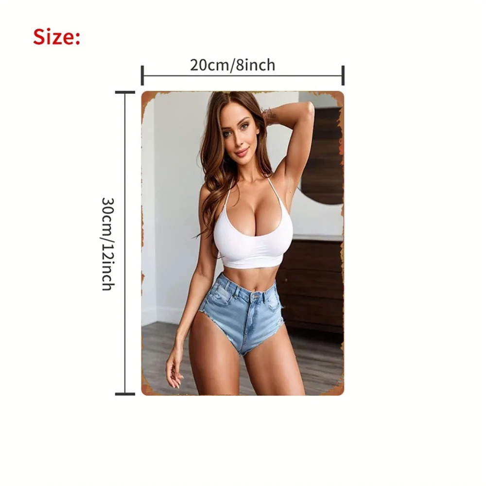 Fashion Woman White Top Denim Shorts Iron Sign Bedroom Home Decor