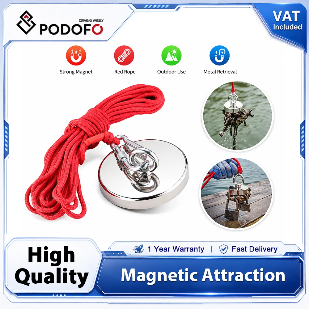 Podofo Magnete di Recupero Neodimio Potente da 160KG per Salvataggio, Magnete da Pesca con Corda Rossa da 18M, Magnete Rotondo J70 per Caccia al Tesor