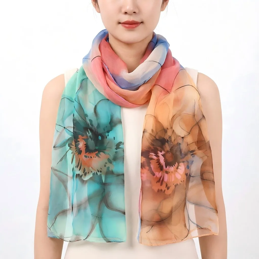 

Spider Lily Print Chiffon Scarf 160x50cm - Elegant Floral Georgette Shawl for Women, Lightweight Summer Sun Protection & Beach