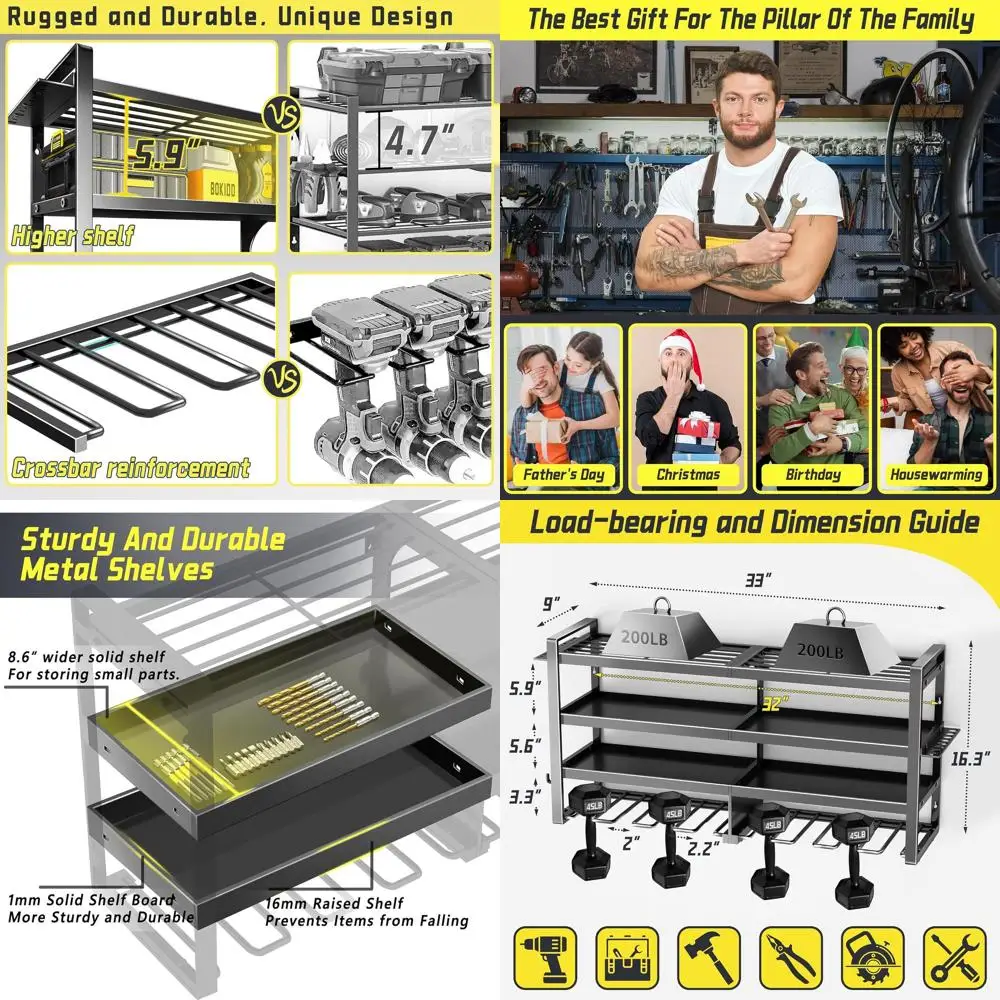 

4-уровневый настенный органайзер для инструментов повышенной прочности с 8 держателями для дрелей для хранения в гараже и мастерской
