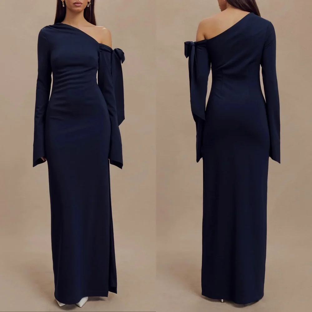 

Customized Matching Formal Jersey Pleat Bow Straight One-shoulder Long Dresses Evening Dresses Sizes Available High Quality