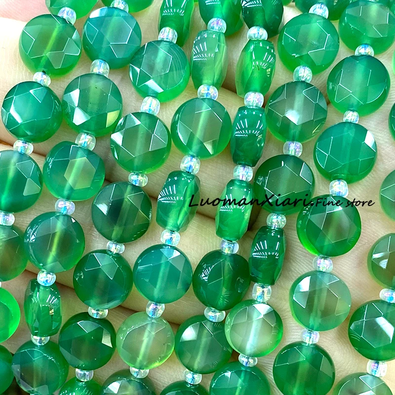 10mm Natural Faceted Green Agate Flat Round Stone Loose Spacer Beads for Jewelry Making Diy Earrings Bracelet Accessories Charms