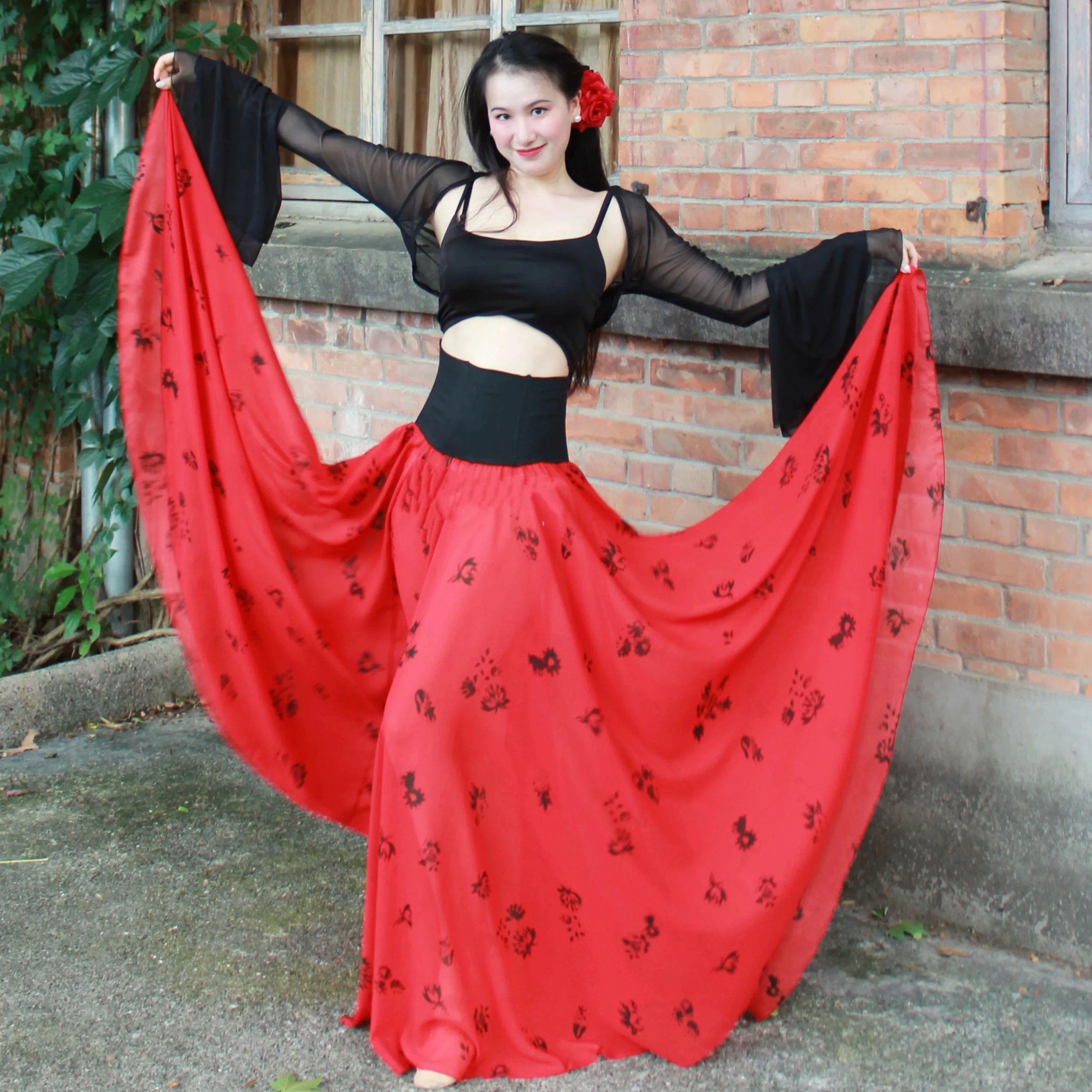 

2025 Belly Dancing Costume Women Black Vest+Long Sleeve Coat+Senior Printed Big Swing Skirt 3pcs Adult Oriental Dance Clothing