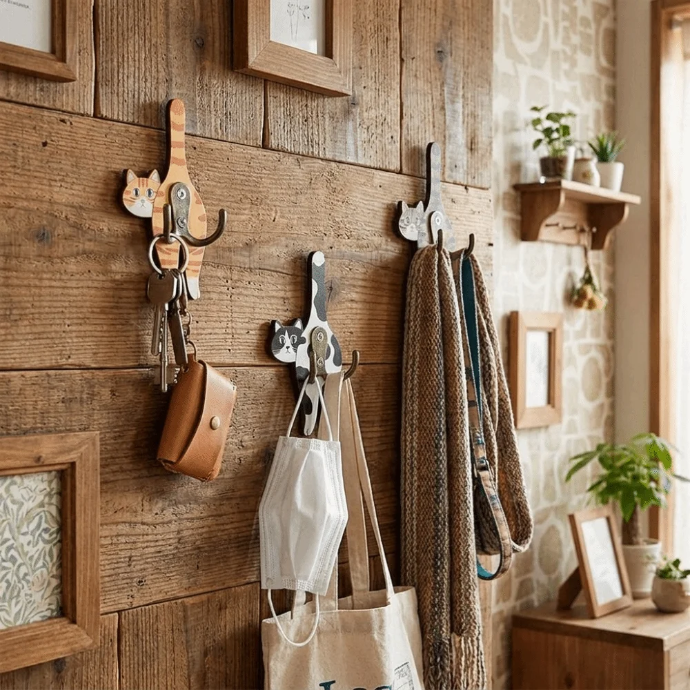 Creative Wooden Cat Shaped Wall Hook Wall Mounted Cute Animal Wall Hook Decorative Cartoon Cat Butt Tail Key Rack Bathroom
