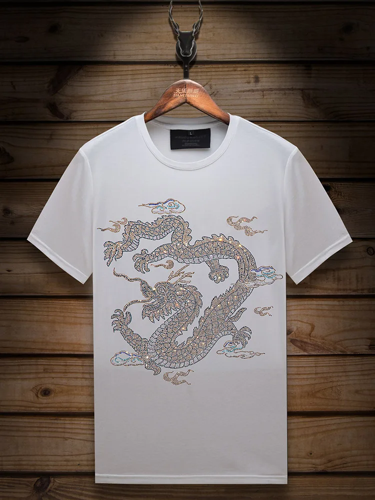 Men's 2024 Summer New T-Shirts Solid Color T-shirts Short-Sleeve Men's Hot Drilling Dragon T-Shirt Half-Sleeve Over Size T-shirt