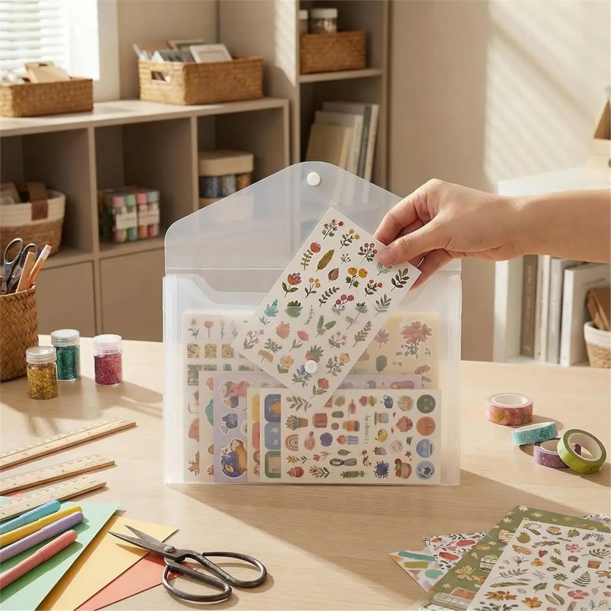 Home Tool Sticker Organizer,Clear Plastic Envelopes with Snap,12 Pack Waterproof for Sticker Storage,Scrapbook Storage,Stamping