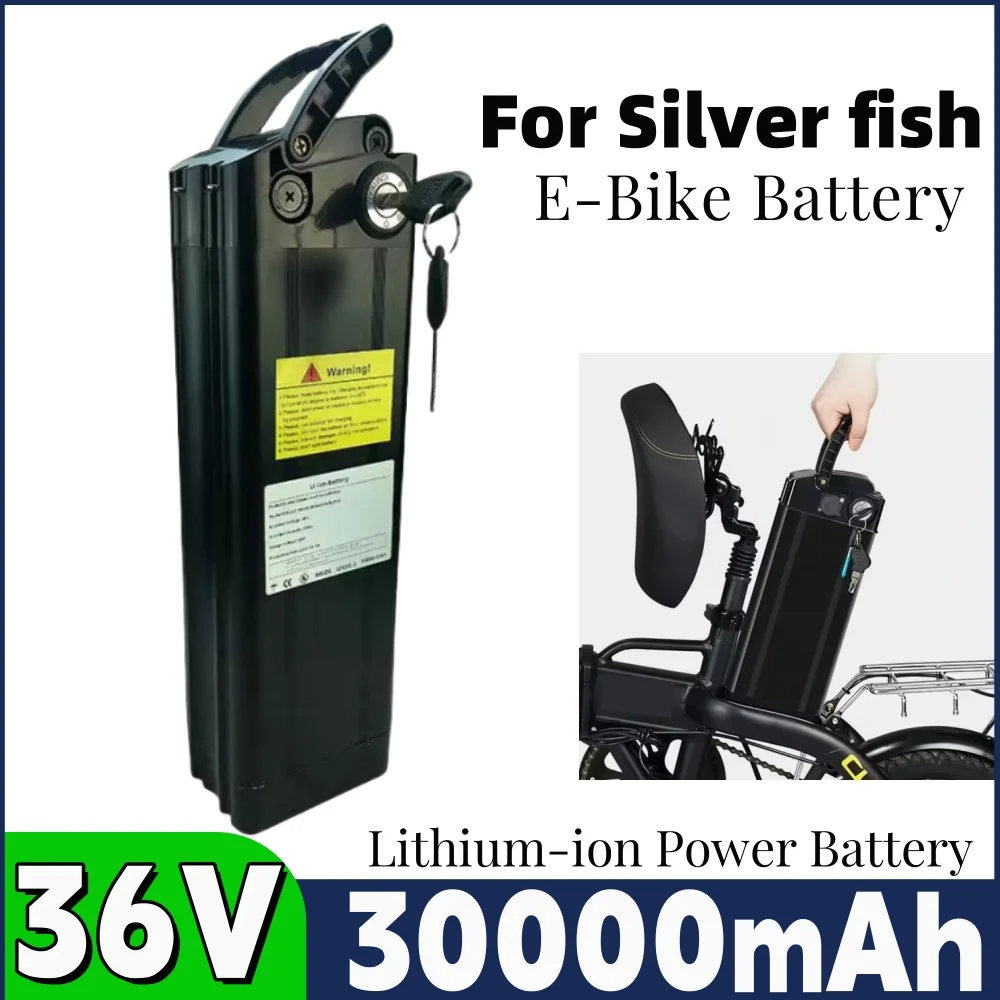 36V 30AH Silver Fish Battery, 18650 Lithium Rechargeable Battery for 250W 350W 500W 750W 1000W bafang/tongsheng Motor.