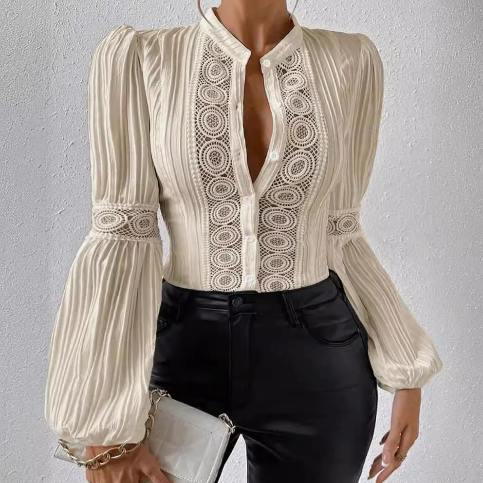 Autumn Women White Lace Shirt Top Fashion Patchwork Lantern Long Sleeves Elegant Office Ladies Blouses Buttons Female Shirt Tops