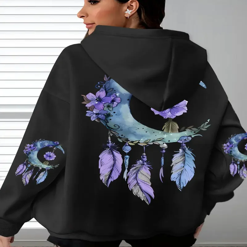 Plus Size Womens Daily Sweatshirt With Pockets Floral Moon Hoodie Soft Casual Long Sleeve Pullover Comfortable Oversized