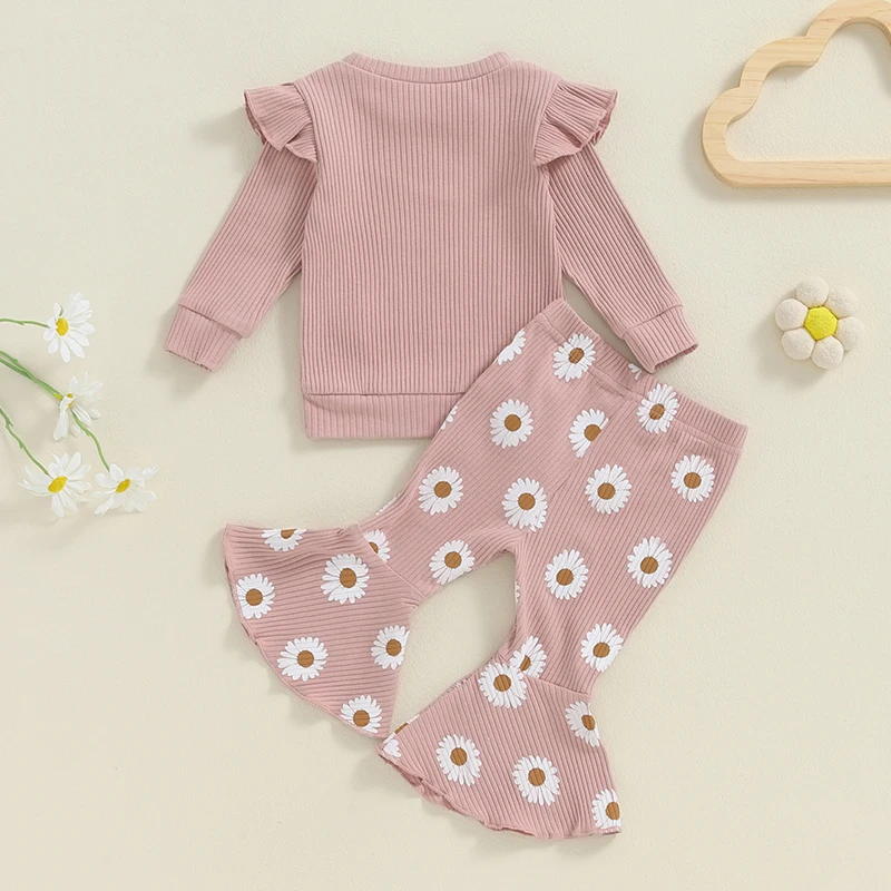 2024-05-20 Lioraitiin Toddler Girl 2 Piece Outfits Letter Print Frill Trim Long Sleeve Ribbed Tops Daisy Print Flare Pants