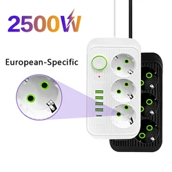 EU Electrical Socket 4 USB 1 Type-C Port with 2M Extension Cord  Network Filter Charging Multiprise 3 AC Outlets Power Strip