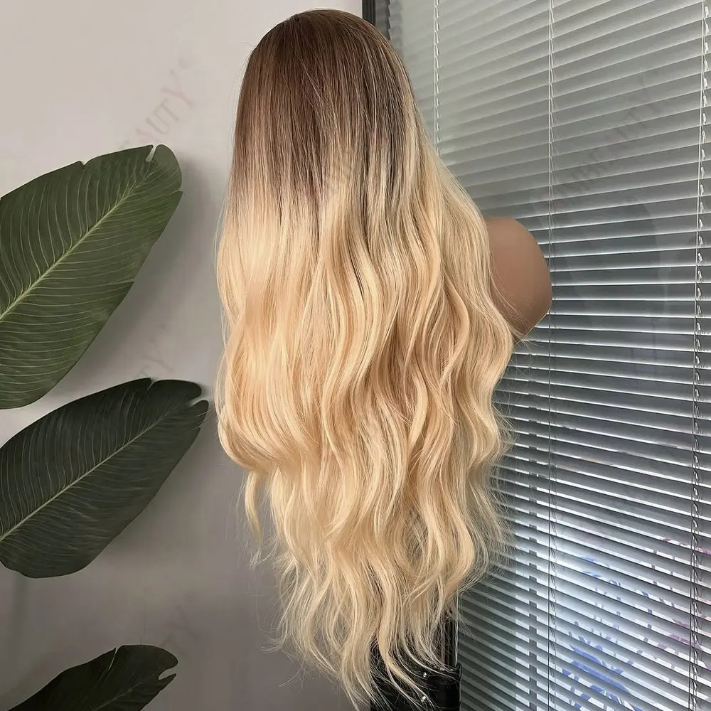 Lange 28-Zoll-Wellenperücke, kleberlos, dunkle Wurzeln, Ombre 613 # Blondes 100% Remy Echthaar 1x4 Größe U/V Teilperücken für Frauen Einfaches Tragen mit Clips – Detail 4