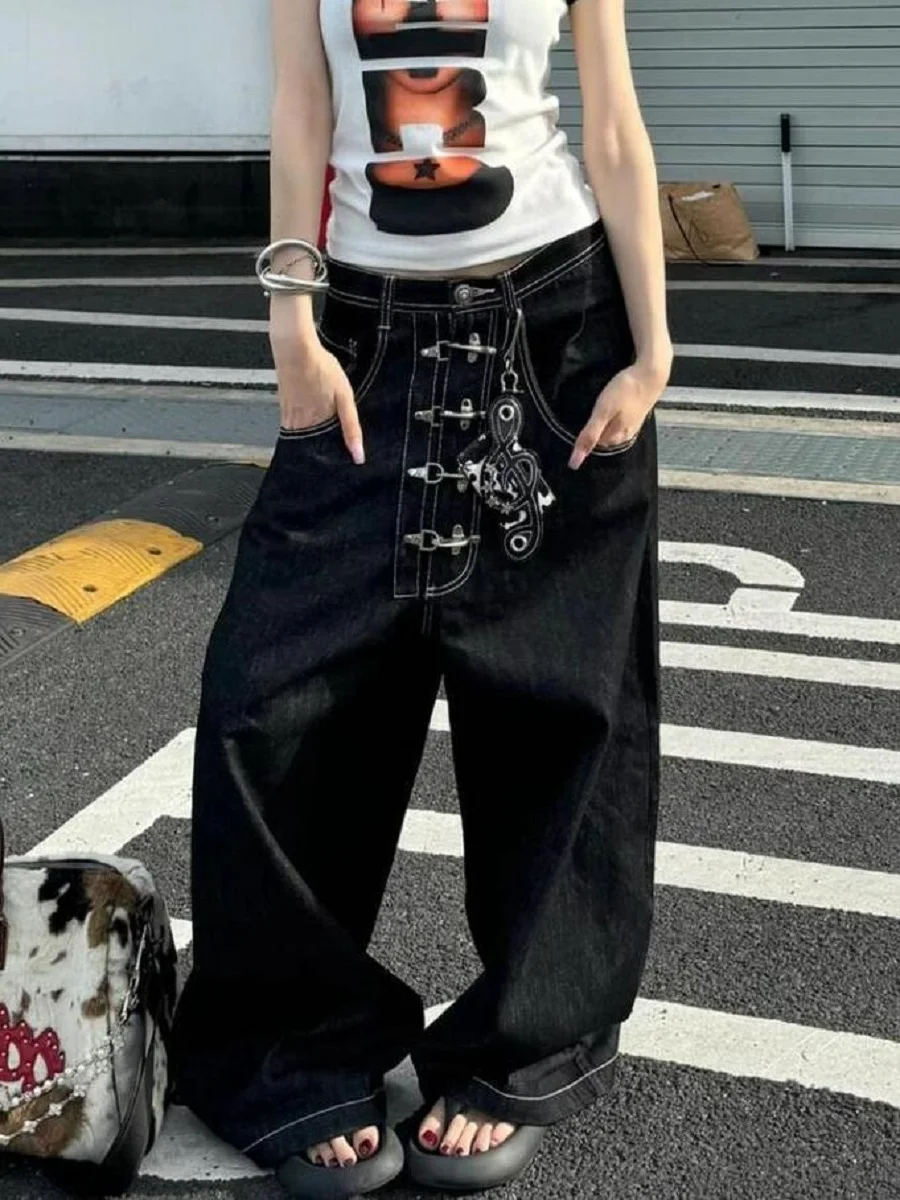 

American Vibe Washing Aircraft Buckle Design Jeans Women'S Spring Autumn New Street Straight Loose Slimming Wide-Level Pants