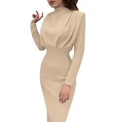 Vestido Midi fino de manga comprida feminino, meia gola alta, dobras empilhadas, roupa de festa à noite, elegante moda senhora, outono, 2022