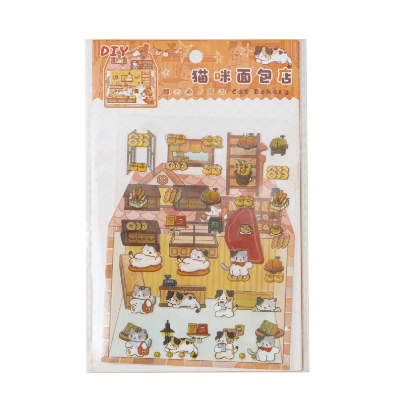 1Set Three-Dimensional Landscaping Handbook Stickers Cute Cartoon Kitten Bread House Stickers Scene Cabin Stacking Stickers