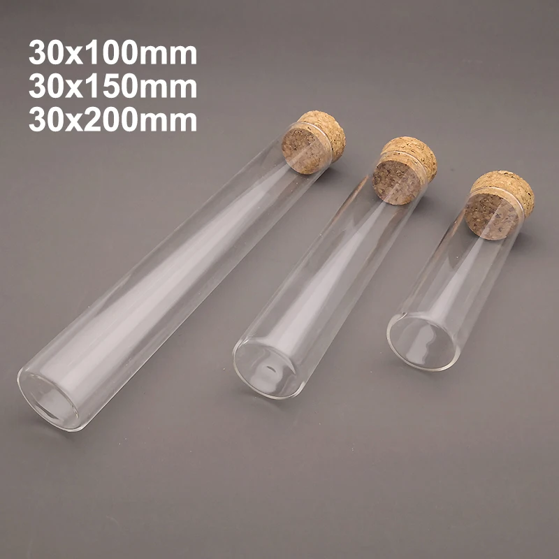 5-10-20pcs 30x100mm / 30x150mm / 30x200mm Clear Lab Flat Bottom Thickening Glass Test Tubes with Cork