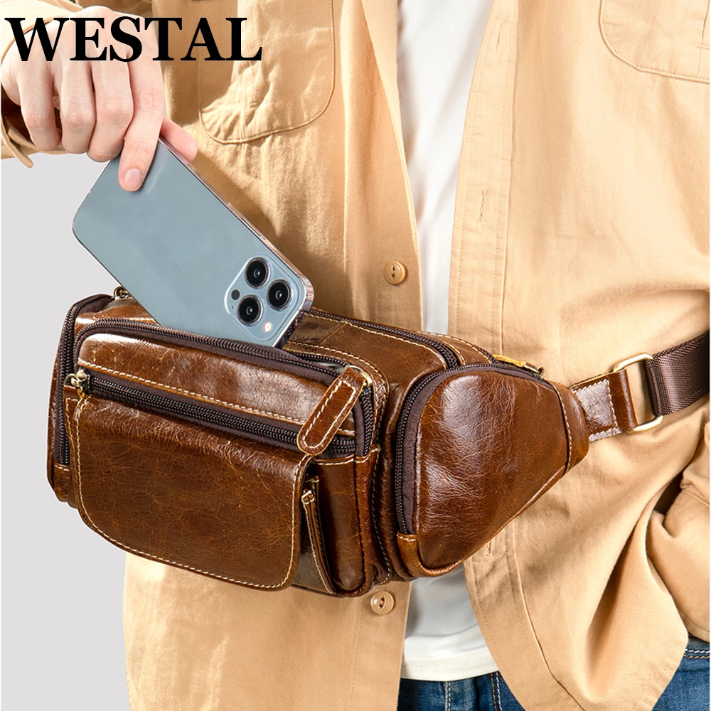 WESTAL Leather Belt Waist Bag Men\'s Fanny Pack Hip Bags Outdoor Sports Running Hinking Cycling for Wallet Money Phone