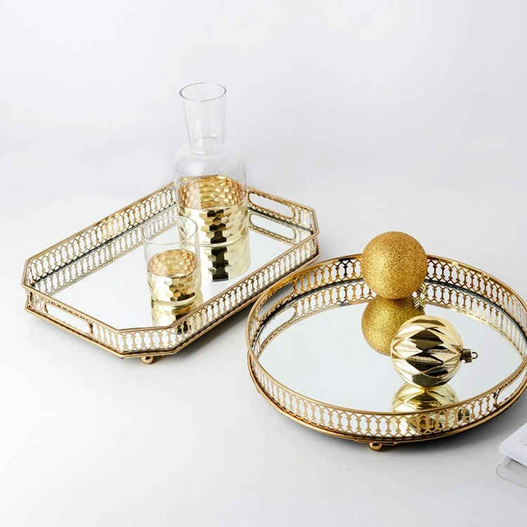 

Light Luxury Nordic Style Retro Hollow Gold Plated Iron Fruit Plate Creative Mirror Glass Storage Tray in Living Room