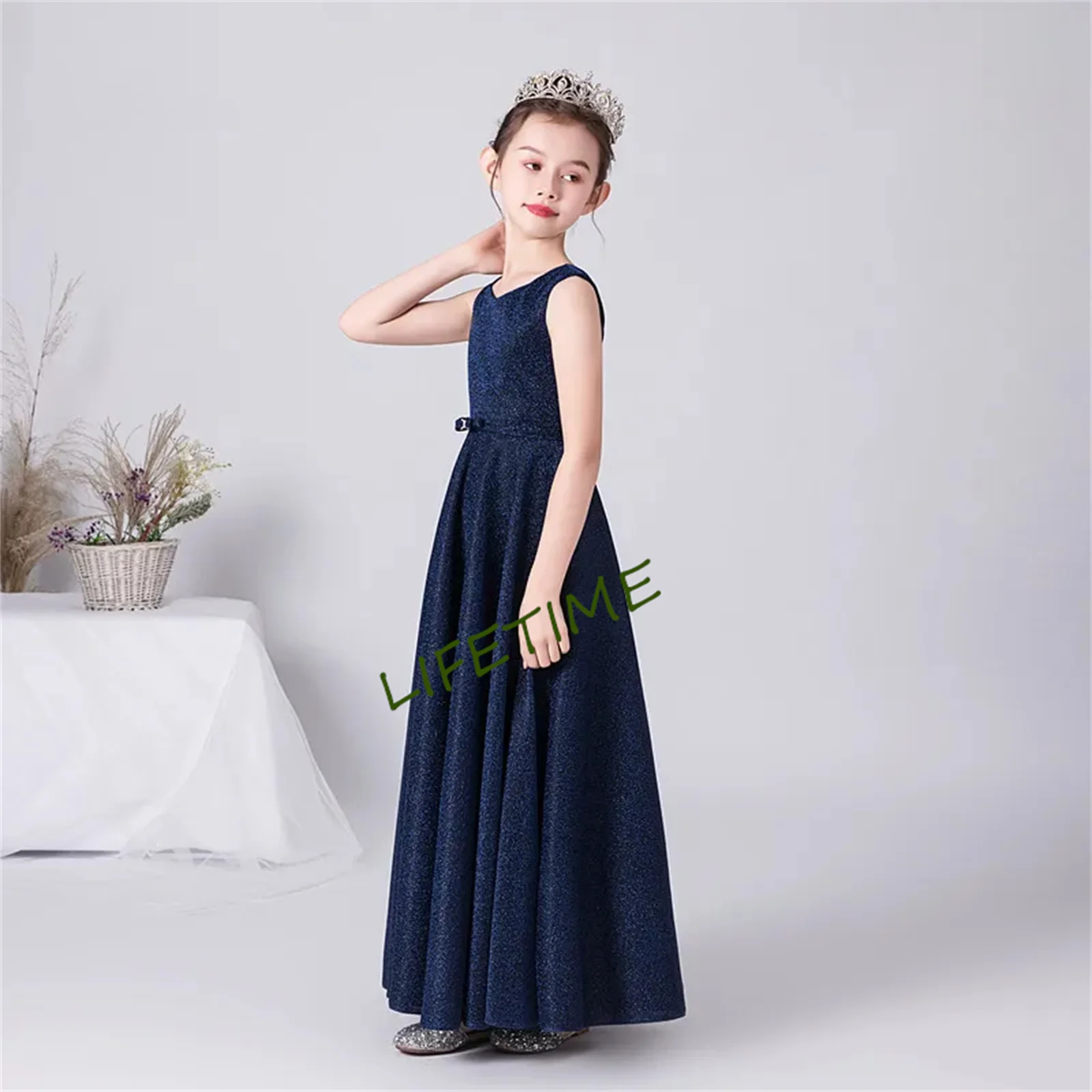 

Flower Girl Dresses Junior Bridesmaid for Wedding Sparkly Girls Formal Navy Gown Party Long Dress First Communion