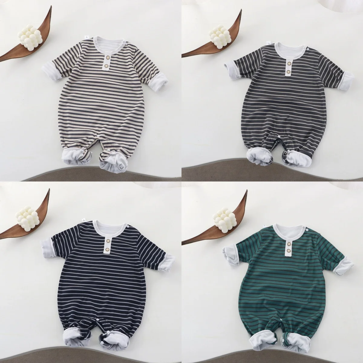 

Baby Striped Romper, Long Sleeve Buttoned Onesie, Newborn Infant Cotton Jumpsuit Multi-Color Baby Outfit for Spring Autumn