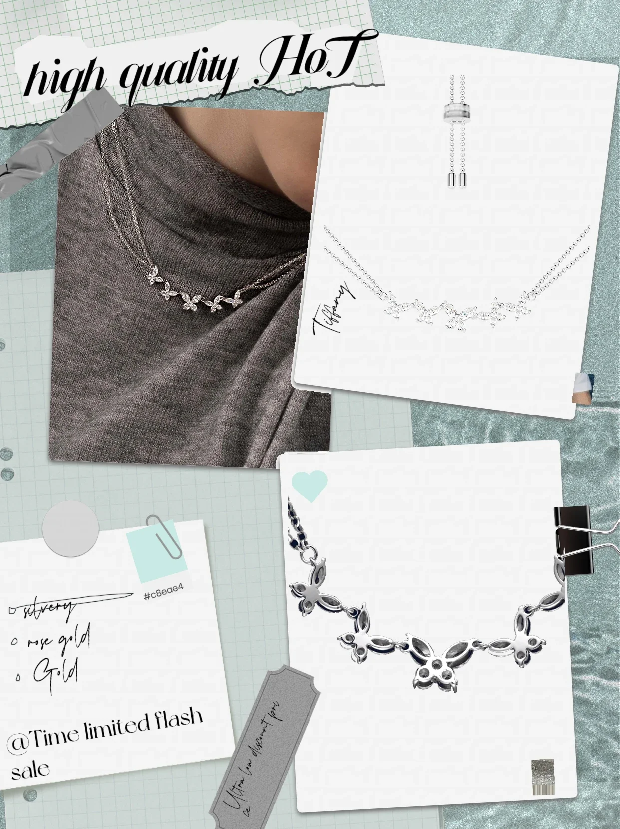

Pure silver S925 necklace with diamonds, multiple butterflies, unique design, elegant, noble, luxurious, women's couple's festiv
