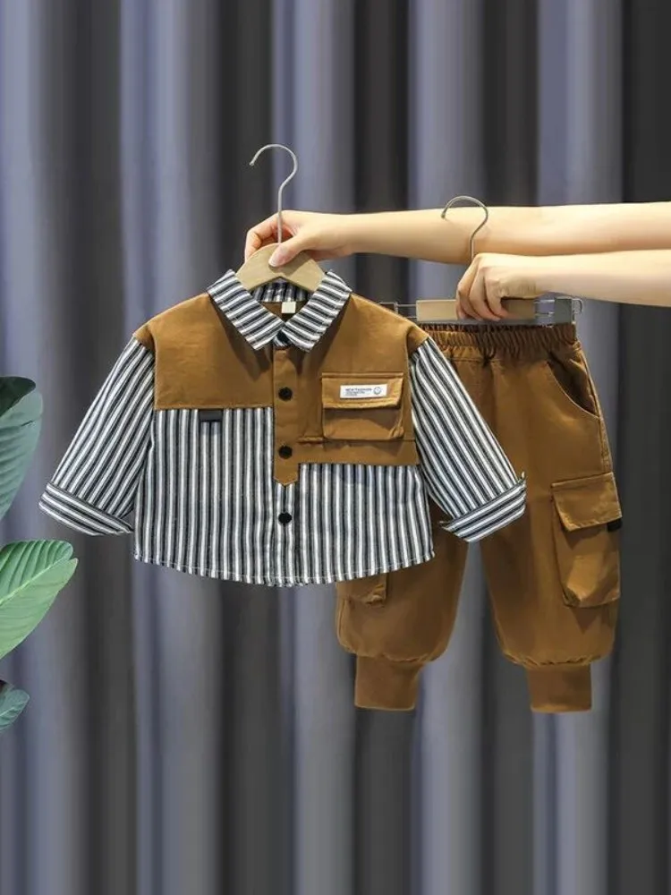 الأطفال الربيع مجموعة جديدة وسيم الأولاد الربط قميص طويل الأكمام + السراويل قطعتين مجموعة 90-140 سنتيمتر #5