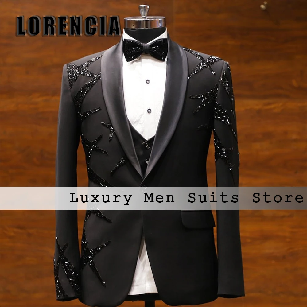 Simple Beading 3 Pieces Sets Men Suits Shawl Collar Wedding Tuxedos Groom Customized Male Blazer Vest Pant Set vestidos de novia