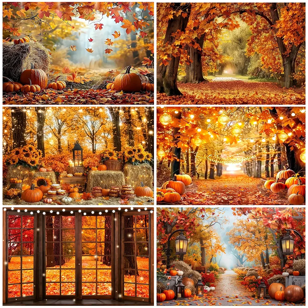 

Orange Autumn Warm Backdrop Pumpkin Window Forest Fall Harvest Family Thanksgiving Party Decoration Maple Photography Background