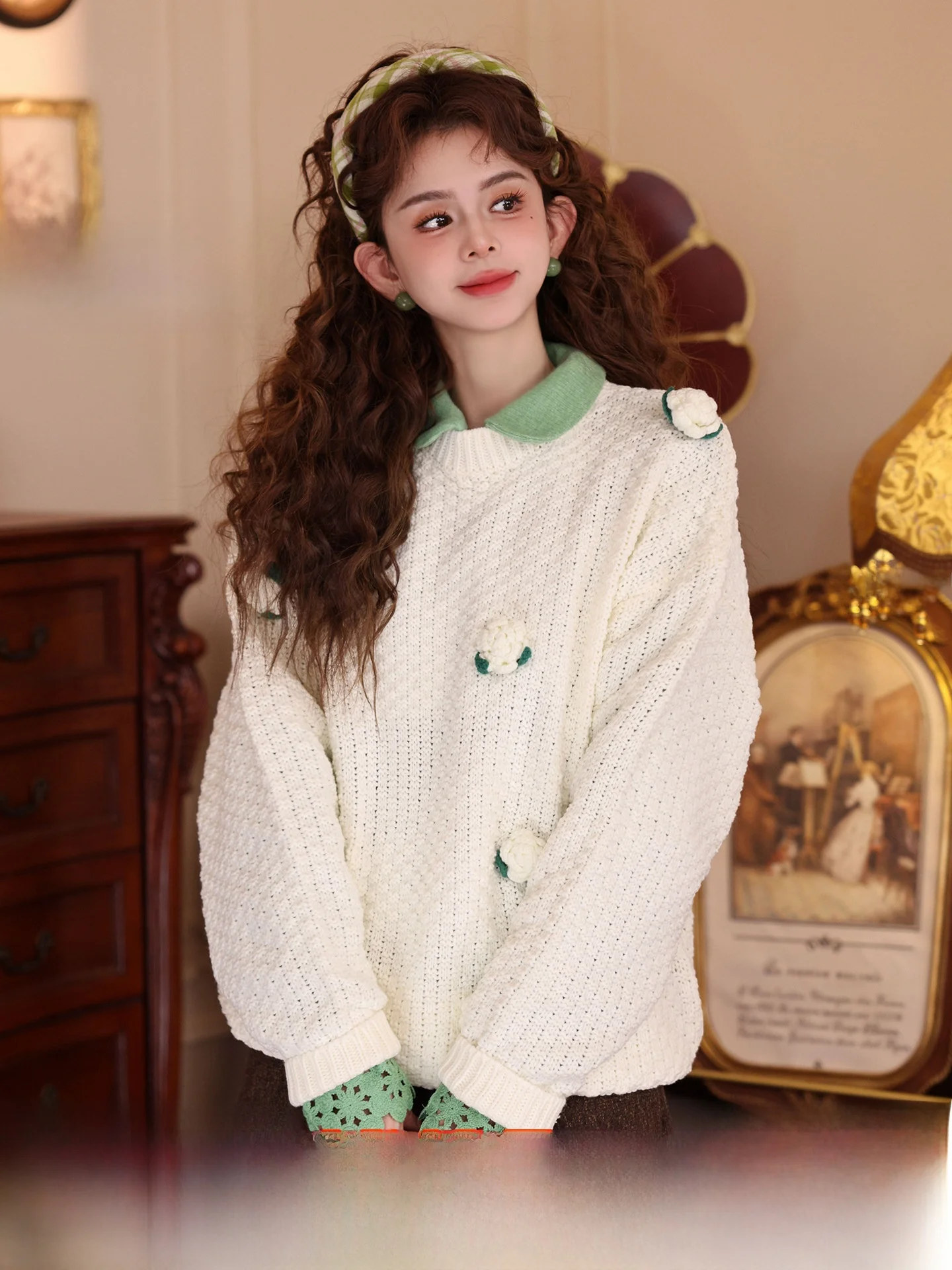 

Chen Jiajie Vintage Long Sve Knitted Sweater Women's Loose Fit round Ne Versatile Autumn Winter Faion Soft Polyester B...