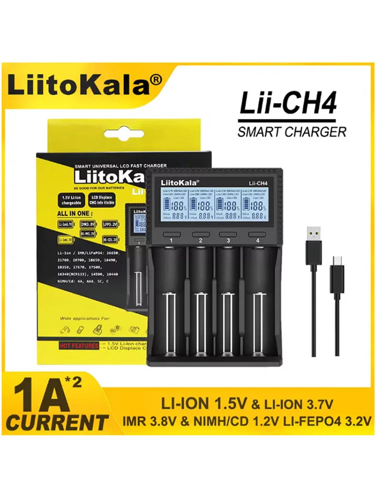 Liitokala شاحن بطارية CH4 18650 21700 26650 18350 16340 20700 17500 AA AAA 4-فتحة النيكل الهيدروجين ليثيوم الحديد فوسفات