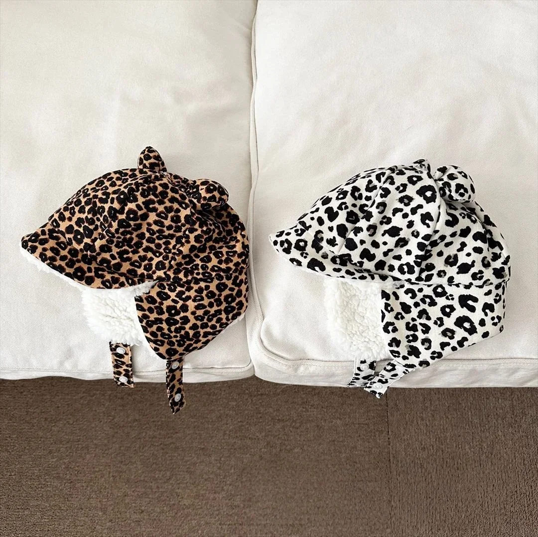 Kids Girls Boys Spring Fashion Beanie Cap Children Winter Hat Leopard Print Trapper Baby Hat Fleece Lined Warm Earflap Cap
