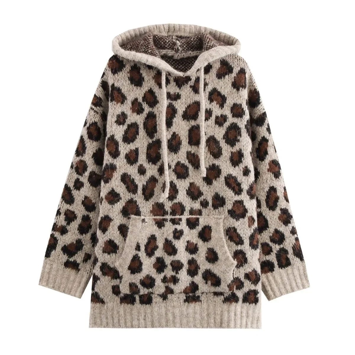 ZA Autumn/Winter New Product Women\'s Loose Lazy Leopard Pattern Animal Pattern Jacquard Hoodie Knitted Sweatshirt